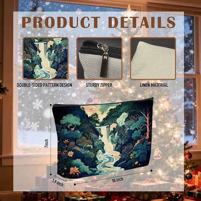 Blue Green Waterfall Japanese Makeup Bag, Traditional Japandi Hokusai Cosmetic Bag for Women, Japanese Ukiyo-e Art Landscape Small Toiletry Bags Zipper Makeup Pouch