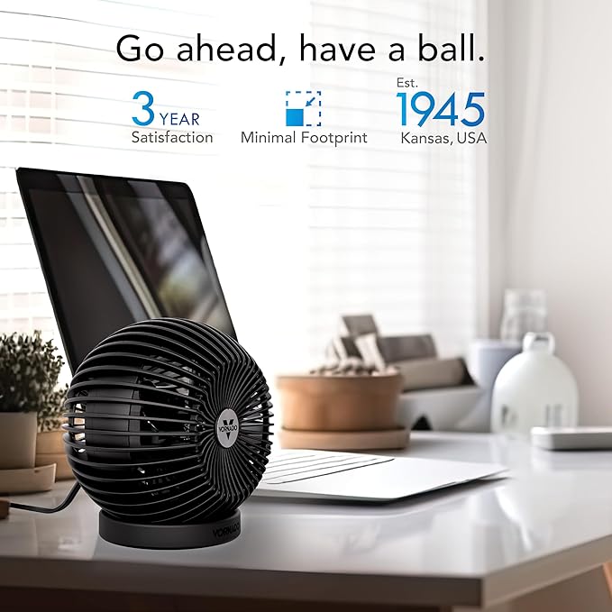 Vornado SPHERE Personal Adjustable Fan, Quiet Operation, Targeted Cooling Airflow, 2 Speed Settings, Manual Control, Detachable Base, Fan for Desktop, Nightstand, and Office, Black