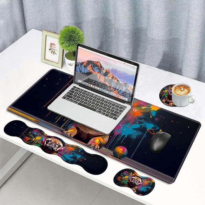 4 in 1 Ergonomic Memory Foam Mouse Pad Wrist Rest Set, Large XXL Gaming Desk Pad + Keyboard Wrist Rest + Mouse Wrist Cushion + Coaster for Home Office Study Gaming, Cute Pug with Headphones