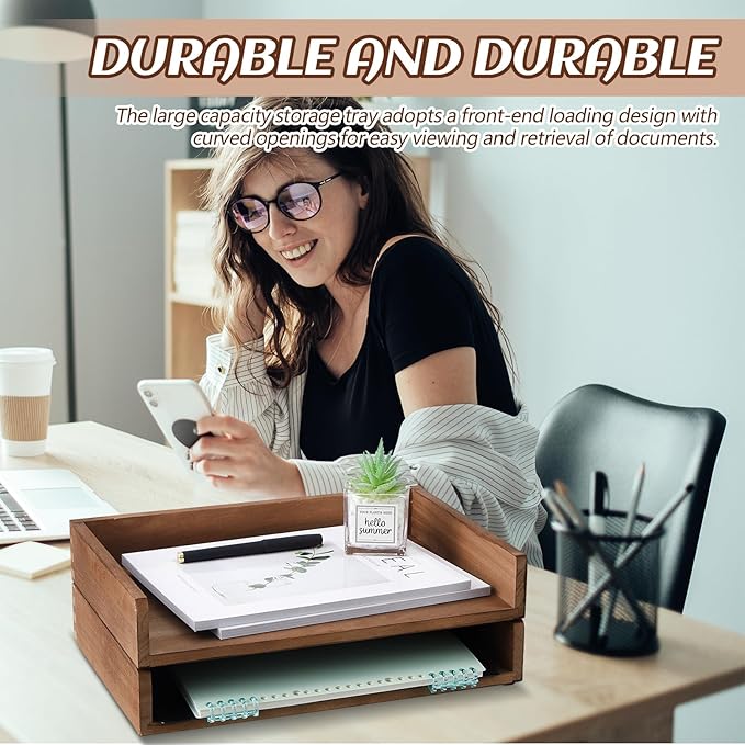 Yeaqee 4 Pcs Stackable Paper Organizer Tray Wood Desk Organizer Letter Tray Desktop Letter Size Office Wooden Desk Shelf Paper Holder Folder Organization Rack for Mail File Document(Dark Wood Color)