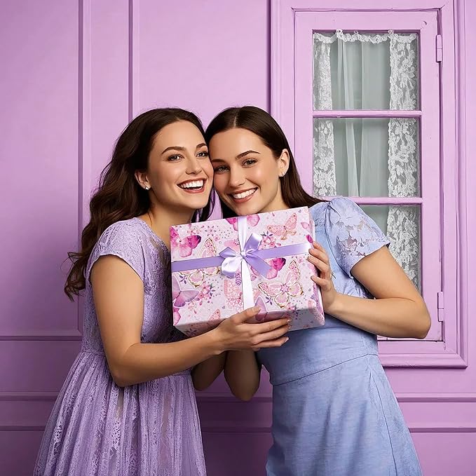 WRAPAHOLIC Pink Butterfly Wrapping Paper Roll - Mini Roll - 17 Inch x 9.8 Feet - Fantasy Butterfly Design, Perfect for Birthday, Wedding, Bridal Shower