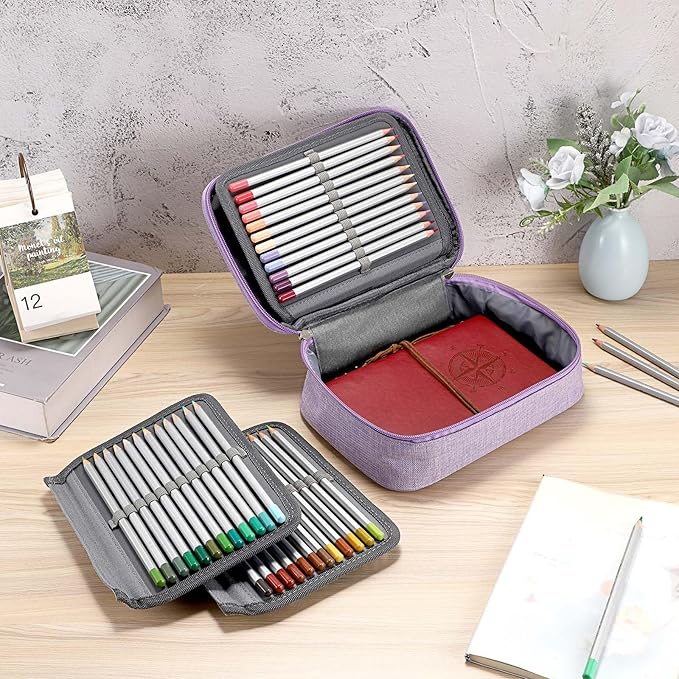 BTSKY® High Capacity Zipper Pens Pencil Case- Multi-Functional Stationery Pouch 72 Slots Colored Portable Pencil Bags With 2 Removable Sleeves(Purple)