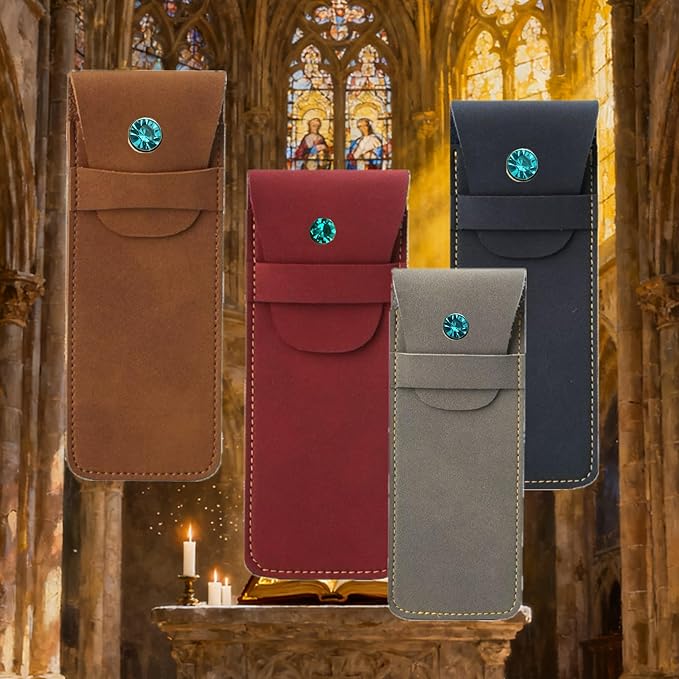 Handmade Leather Pen Case Set - 5 - Pack with Artificial Sapphire Inlay, Multi - Color Pen Sleeves for Fountain Pens & Markers (gray)