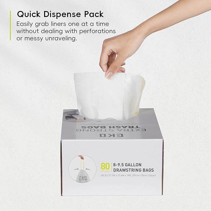 EKO Easy-Dispense Roll 80 Count Extra-Strong Drawstring Tall Kitchen Trash Bag, 8-9.5 Gallon Trash Bag (30.3L-36L) 1 Pack White, Code E