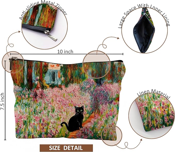 Abstract Floral Black Cat Makeup Bag, Black Cat Gifts Cosmetic Bags for Women, Cats Lover Lady Mom Grandma Gifts, Impressionism Flower Kitty Kitten Zipper Makeup Pouch