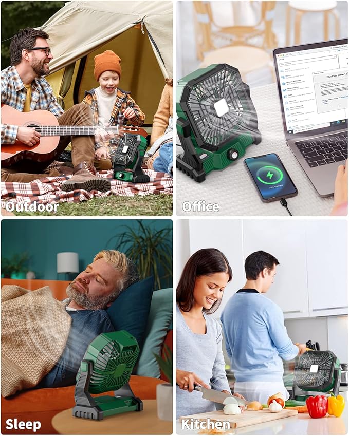 Personal Fan Camping Fan rechargeable, 20000mAh Battery powered fan with LED Lantern,270°Head Rotation, Small Table Fan Portable, USB Desk Fans with Hanging Hook for Travel Camping Tent Office, Green
