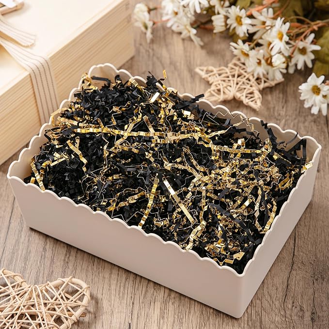 Mefleet 2 LB Crinkle Cut Paper Shred Filler Black & Gold Crinkle Shredded Paper for Gift Box - Gift Basket Bag Filler - Grass Cushion Stuffing for Christmas Holiday Packaging Wrapping