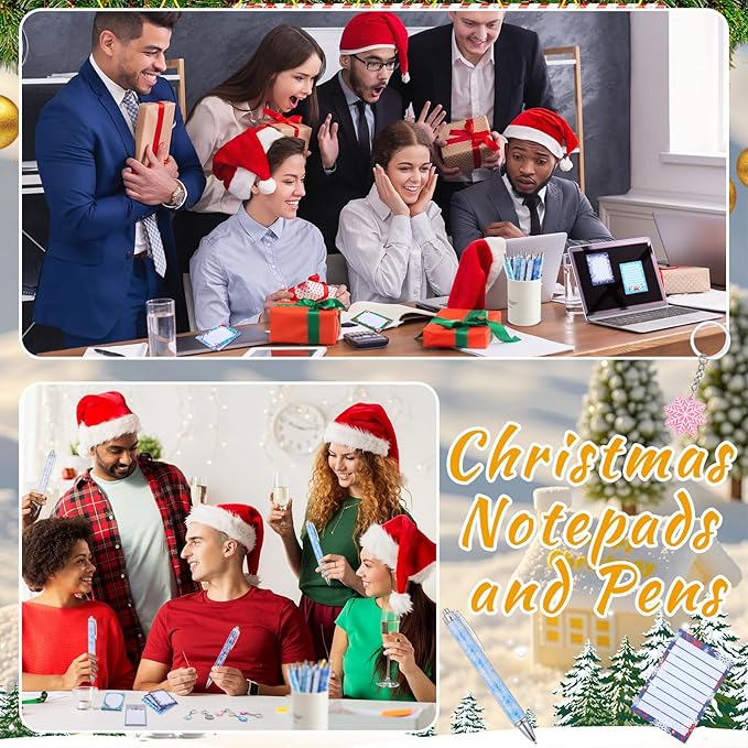Ctosree 120 Pcs Christmas Sticky Note and Pen Set Christmas Party Favors Gift Winter Snowflake Stationery Gift with Notepad Ballpoint Pen Keychain Organza Bag for Student Office School Party Supplies