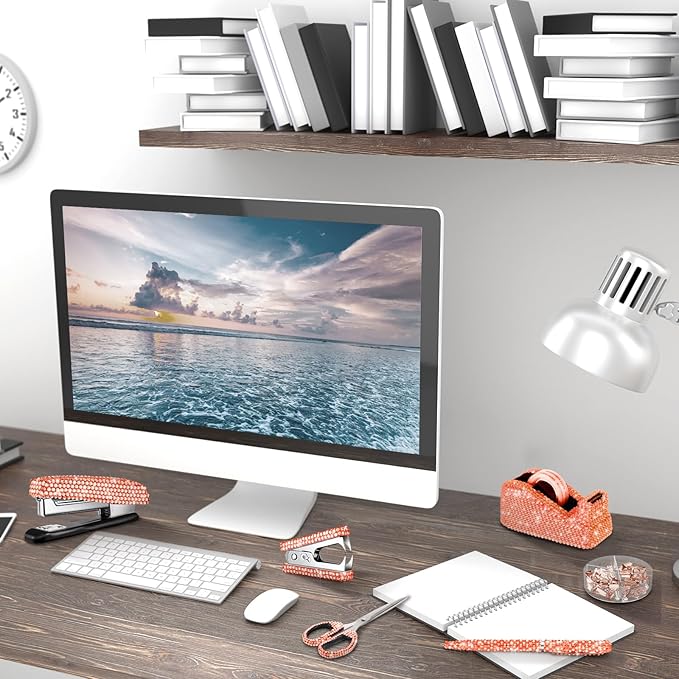 Demissle 6 Pcs Bling Office Desk Accessories Set Crystal School Stationery Kit Scissor Stapler with Staple, Tape Dispenser, Diamond Pen, Staple Remover, Binder Clip, Paper Clip, Push Pins(Rose Gold)