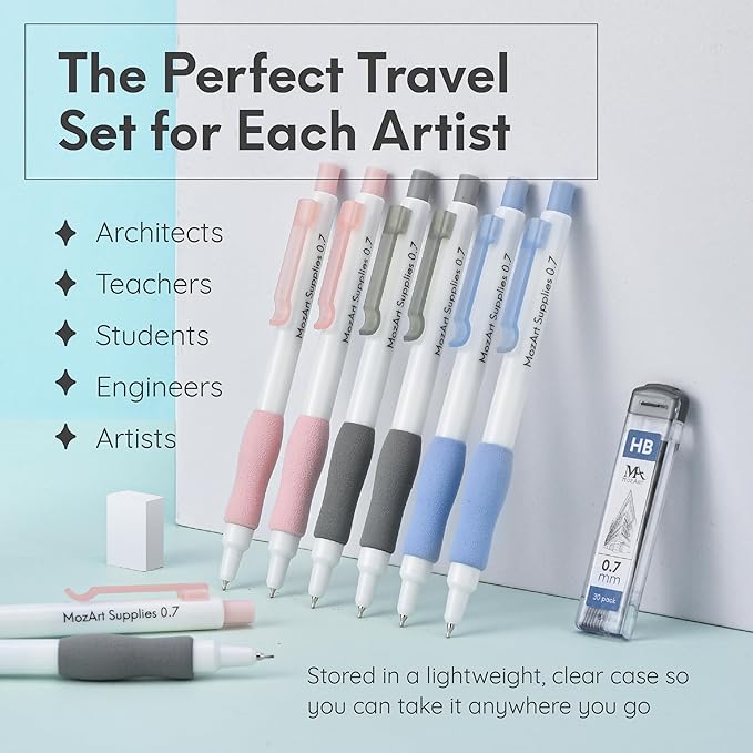MozArt Cute Mechanical Pencil Set 0.7mm, 16PCS with 30 HB Lead Refills Drafting, Art, Drawing Supplies, Aesthetic Pastel Mechanical Pencils for Girls Writing
