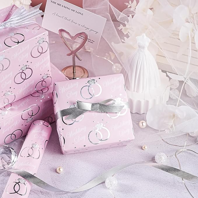 WRAPAHOLIC Wedding Wrapping Paper Roll - Mini Roll - 17 Inch x 16.5 Feet - Pink and Silver Foil Ring Design, Perfect for Wedding, Bridal Shower, Birthday