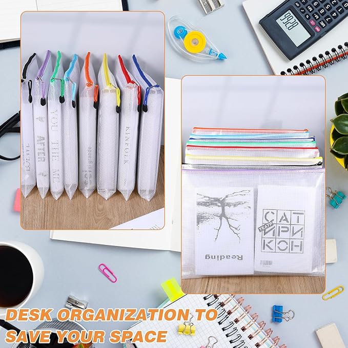 24PCS Mesh Zipper Pouch Bags, A3 17x12 Inches Waterproof Plastic File Puzzle Storage Bags 8 Colors Large Reusable Clear Travel Pouches for Organizing Board Game Office Home School Supplies