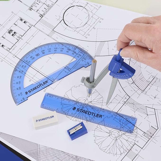 STAEDTLER Student Math Set - Essential School Supplies with 6-Piece - Compass, 6in Ruler, 180° Protractor, Pencil, Eraser & Sharpener in Zippered Storage Pouch