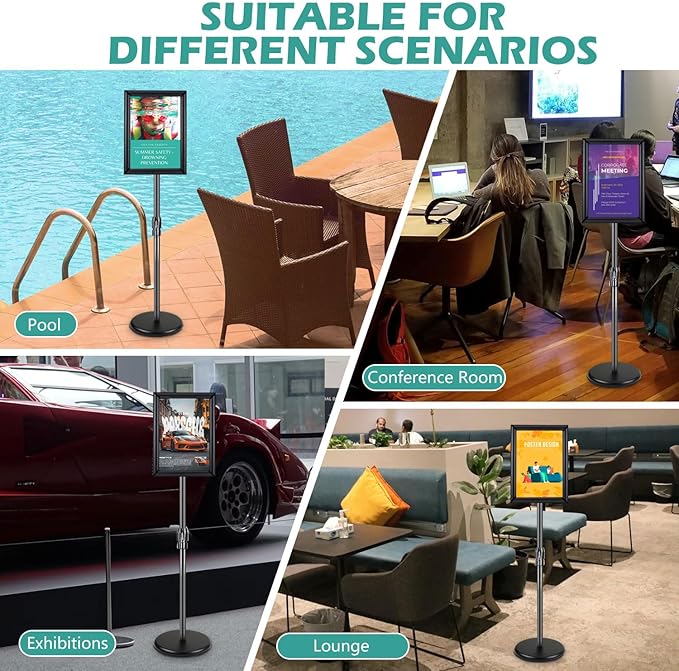 2 Pack Sign Holder Stand - 8.5 ×11 inch Standing Display Sign Stand, Adjustable Poster Sign Holder, Heavy Duty Pedestal Floor Sign Stand, Snap Open Frame for Vertical & Horizontal View, Black