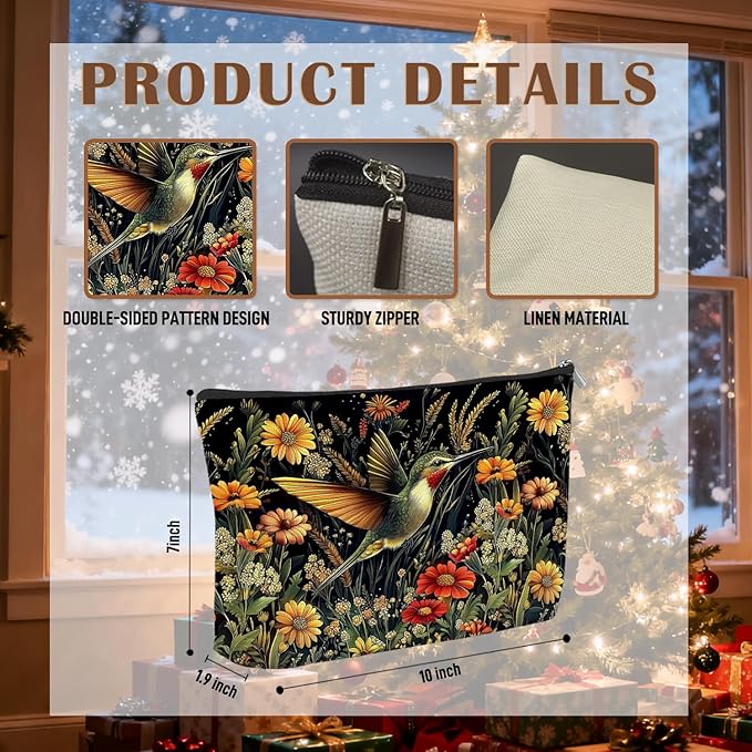 Vintage Floral Hummingbird Makeup Bag, Gifts for Bird Lovers Cosmetic Bag for Women, Dark Cottagecore Wildflower Hummingbird Small Toiletry Bags Zipper Makeup Pouch