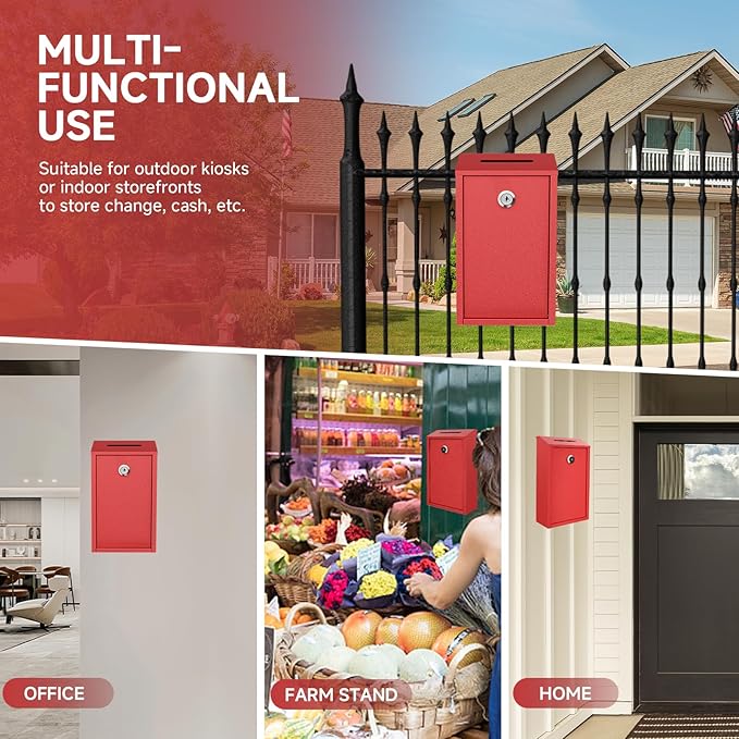 Money Drop Box with Lock and Slot, Money Lock Box with Slot on Top, Metal Donation Box for Money Collection, Wall Mounted Money Deposit Box, Farmstand Cash Suggestion Box for Home/Office/Outdoor -Red