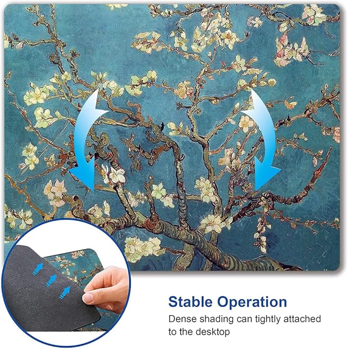 Almond Blossoms Van Gogh Mouse Pad, Oil Painting Flowers Mouse Mat, Square Waterproof Non-Slip Rubber Base MousePads for Office & Home Laptop