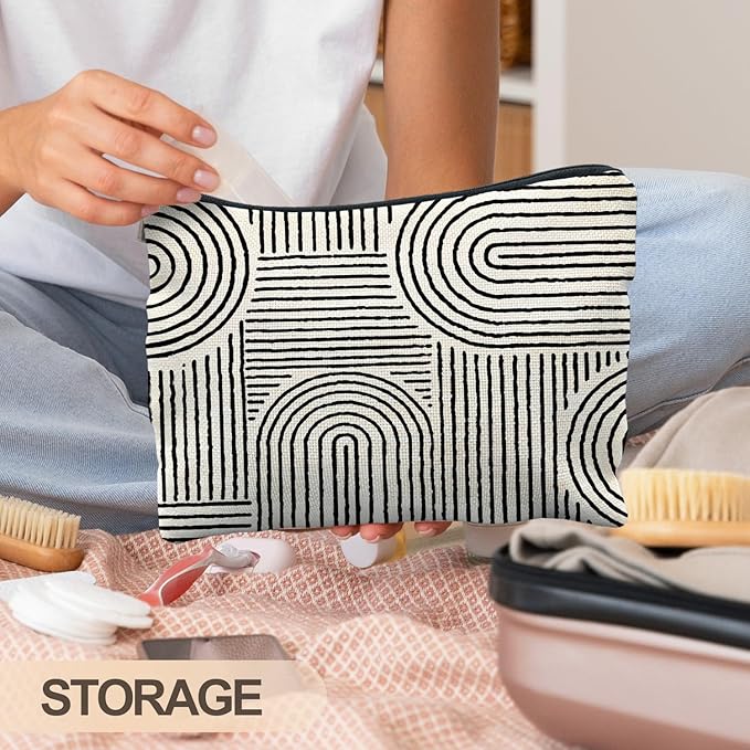 Abstract Minimalist Black and White Makeup Bag, Aesthetic Boho Rainbow Line Art Cosmetic Bags for Women, Boho Gifts for Women, Contemporary Modern Zipper Makeup Pouch