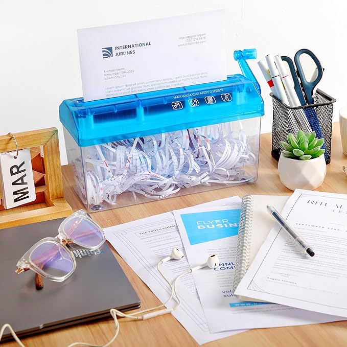 A4 Paper Manual Shredder - Blue Portable Mini Paper Grinder Capacity 3L for A4 Files Documents Straight Cutting Tool Home Office Desktop Supplies WD23BL