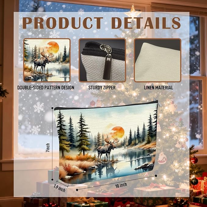Forest Moose Makeup Bag, Gifts for Moose Lovers Cosmetic Bag for Women, Magical Forest Nature Landscape Small Toiletry Bags Zipper Makeup Pouch