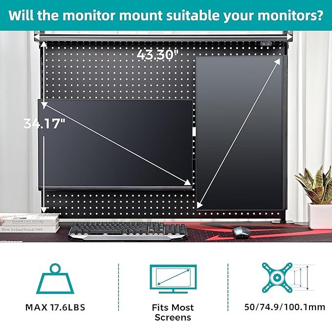 EUREKA ERGONOMIC Pegboard with Dual Monitor Stand,Steel Pegboard for Desk,Computer Accessories for Office, Privacy Panel for Gaming Desk, 4 Accessories Modular Hanging,43 x 34inch, Black