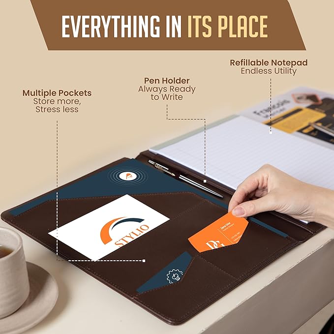 STYLIO Padfolio Portfolio Organizer Binder (Walnut Color) | Interview Resume Folder, Document, Business Card Holder |w/Letter-Sized Notepad | Handsome Brown Faux Leather Folio Matte Finish