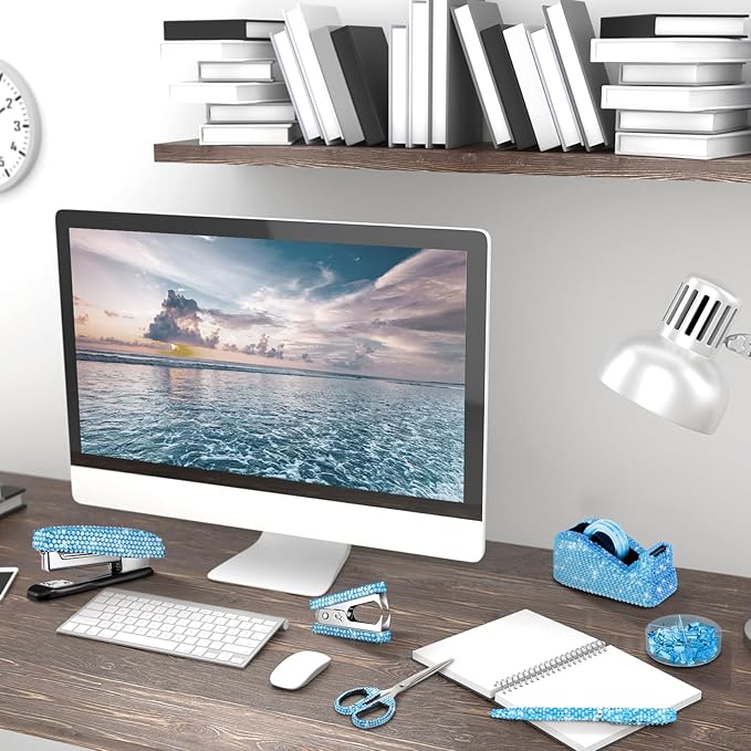 Demissle 6 Pcs Bling Office Desk Accessories Set Crystal School Stationery Kit Scissor Stapler with Staple, Tape Dispenser, Diamond Pen, Staple Remover, Binder Clip, Paper Clip, Push Pins(Blue)