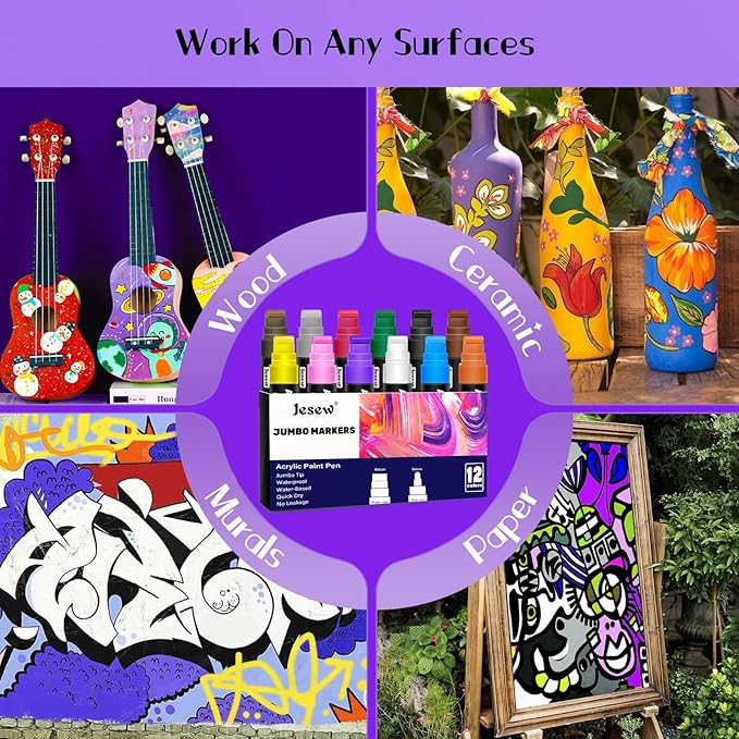 Acrylic Paint Markers, 12 Colors Jumbo Markers, 15mm Jumbo Felt Tip, Waterproof and Permanent Ink Paint Pens for Rock Painting, Stone, Ceramic, Glass, Wood, Canvas, Poster, Signs