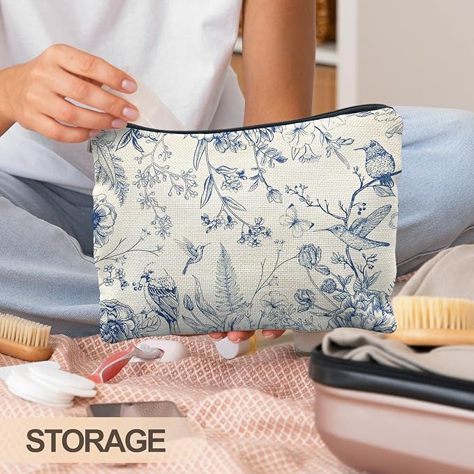Chinoiserie Floral Makeup Bag, Chinoiserie Decor Cosmetic Bag Toiletry Bag for Women, Floral Bird Makeup Bag, Chinoiserie Makeup Pouch