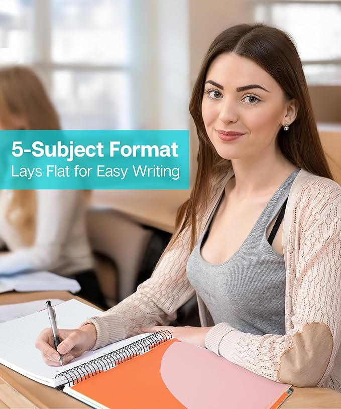 Dunwell 5-Subject Spiral Notebook, College Ruled (Blue), Colorful Movable Pocket Dividers with Tabs, Front/Back Plastic Covers, 200 Sheets (400 Pages) of 3-Hole Punch Perforated 8.5x11 Paper