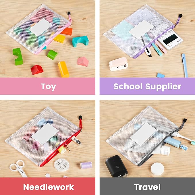 Sooez 24 Pack Mesh Zipper Pouch Bags with Label Pocket, A5 (9.4×6.8 in) Small Pencil Case Pouch for Organizing, Clear Plastic Pencil Pouches Bulk for School Supplies Storage, Money Envelopes for Cash