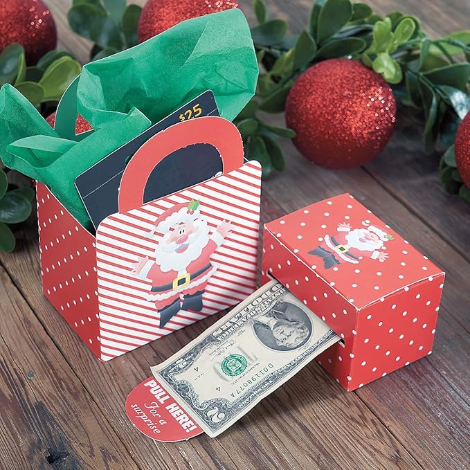 Current Happy Santa Christmas Money Dispenser and Gift Bag Set, 2-1/2 x 3-Inch Bill Holders With 3 x 6-1/2 x 9-Inch Gift Bag, Fun Holiday Cash Box for Kids, Includes 60 Seals to Join Each Bill