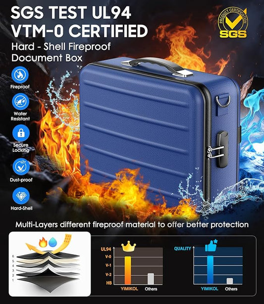 Fireproof Document Box with Lock, Hard-Shell Fireproof Safe for Home Documents, Portable Travel Fire Proof File Box for Passport Laptop Certificates, Navy Blue