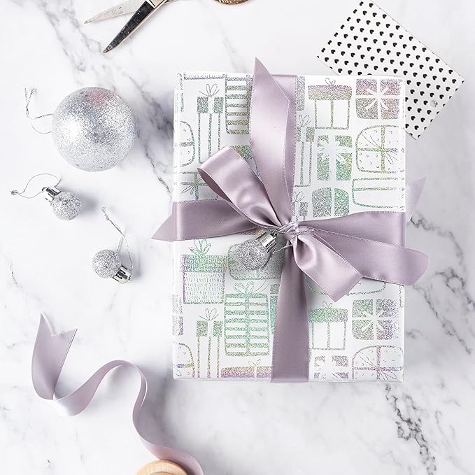 WRAPAHOLIC Wrapping Paper Roll - Mini Roll - 17 Inch x 33 Feet - Silver Present Design with Metallic Foil Shine for Birthday, Party, Baby Shower