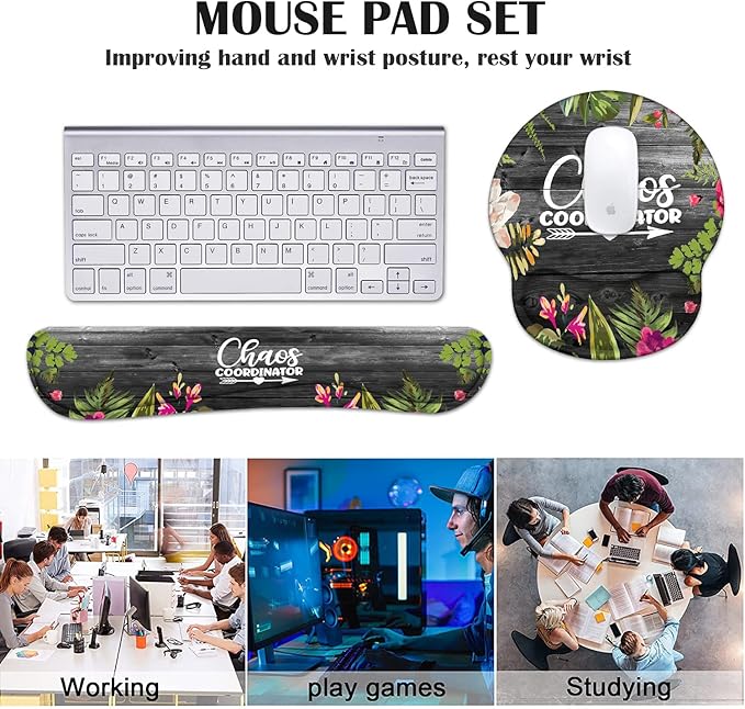 Keyboard Wrist Rest and Mouse Pad Wrist Support Set with Coasters, Chaos Coordinator Quotes Colored Floral Wreath Print Wrist Support Mouse Pad with Non-Slip PU Base for Home Office Working Studying