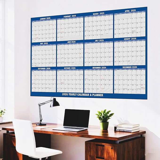 2026 Wall Calendar, Large Reversible Horizontal&Vertical Laminated Yearly Calendar-1 Page Poster Wet & Dry Erase Wall Hanging Calendar 12 Month Annual Planner for Office/Family/College/ Fitness-24”x36“