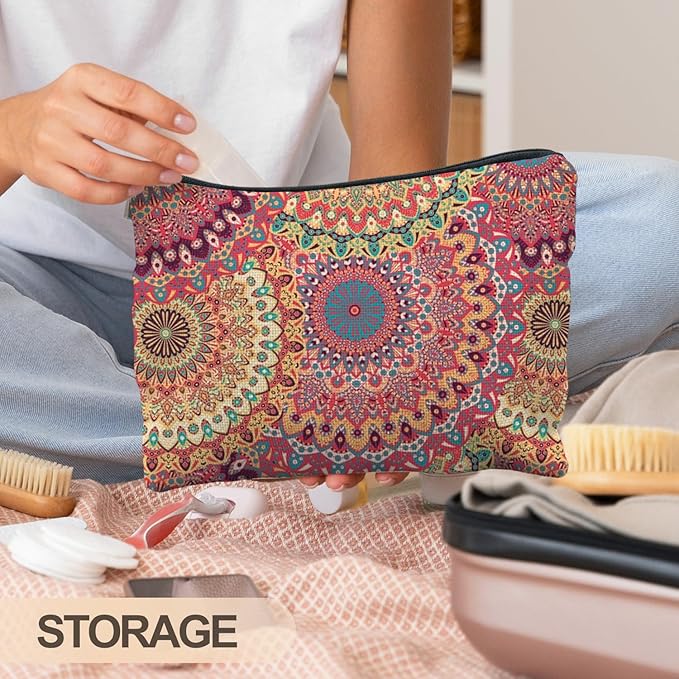 Boho Mandala Floral Makeup Bag, Bohemian Ethnic Mandala Flower Cosmetic Bags Toiletry Bag for Women, Hippie Flower Makeup Bag, Floral Makeup Pouch