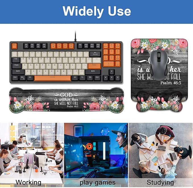 Wrist Rest Support Ergonomic Gel Mouse Pad & Memory Foam Keyboard Set, Non-Slip Rubber PU Base for Home Office Working Studying Easy Typing & Pain Relief - Floral Quote Bible Verses Psalm 46:5