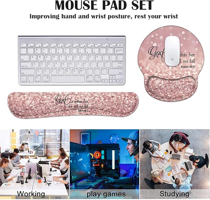 Keyboard Wrist Rest and Mouse Pad Wrist Support Set with Coasters, Quote Bible Verse Psalm 46:5 Wrist Mouse Pad with Non-Slip PU Base for Home Office Working Studying Easy Typing & Pain Relief