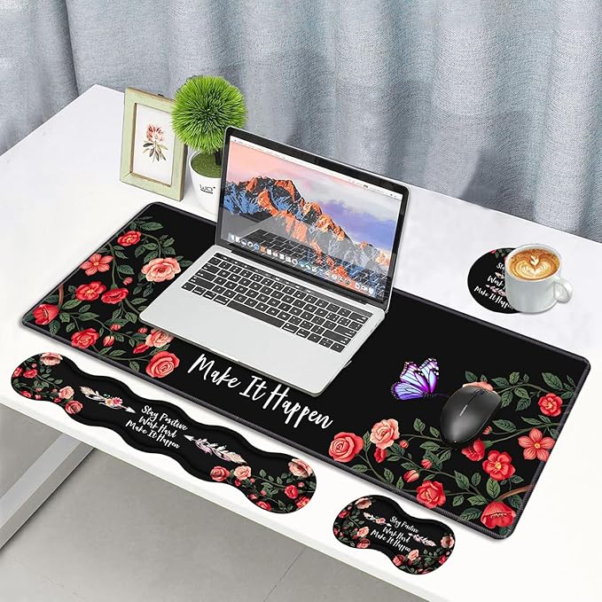 Ergonomic Memory Foam Mouse Pad Wrist Rest Set,Stay Positive Work Hard and Make It Happen Inspirational Quote Large Desk Pad + Keyboard Wrist Rest + Mouse Wrist Cushion + Coaster for Home Office Study