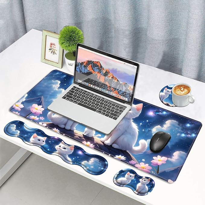 4 in 1 Ergonomic Memory Foam Mouse Pad Wrist Rest Set, Large XXL Gaming Desk Pad + Keyboard Wrist Rest + Mouse Wrist Cushion + Coaster for Home Office Study Gaming, Cute Cat