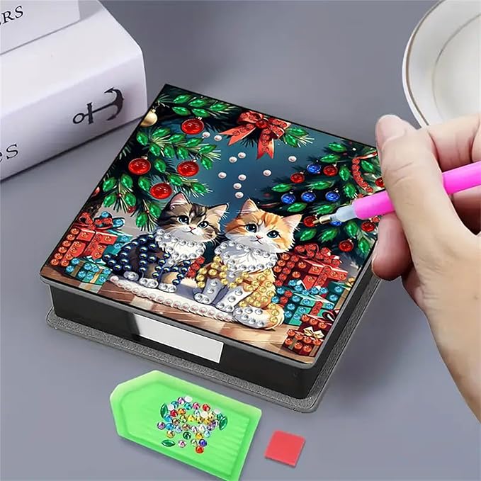 Cat Diamond Painting Kit Note Box,Memo Paper Storage Box Diamonds Art,Sticky Note Holder Diamond Art,Diamond Painting Memo Pad for Office Desk. (Cat)
