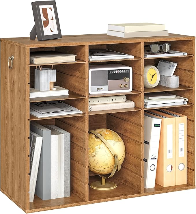 HOOBRO Literature Organizer, 27 Compartments Wooden Mail Organizer, Countertop Literature Sorter with Adjustable Shelves for Home, Office, School, Student Mailbox for Classroom, Walnut WL27WF01