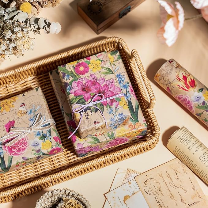 WRAPAHOLIC Kraft Floral Wrapping Paper Roll - Mini Roll - 17 Inch x 33 Feet - All Occasion Vintage Flower for Wedding Bridal Shower Birthday