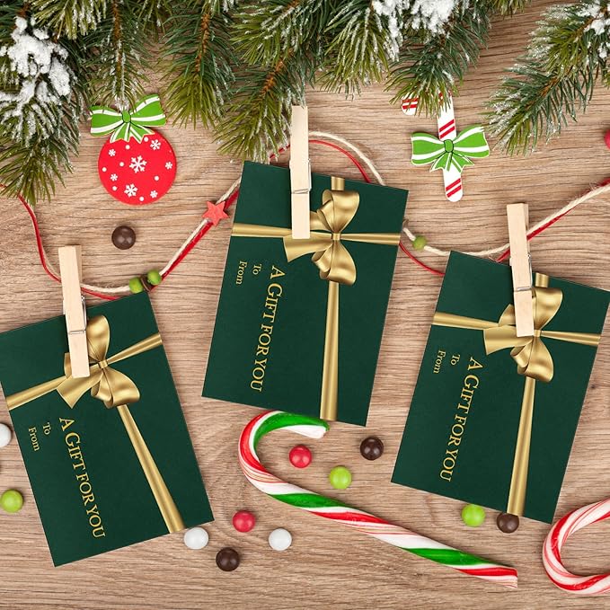Glenmal 50 Pcs Christmas Mini Gift Card Envelopes with Golden Bow Card Holder Business Envelopes with Gold Ink Pen for Christmas Festival Party Supplies, 2.7 x 3.9''(Green)