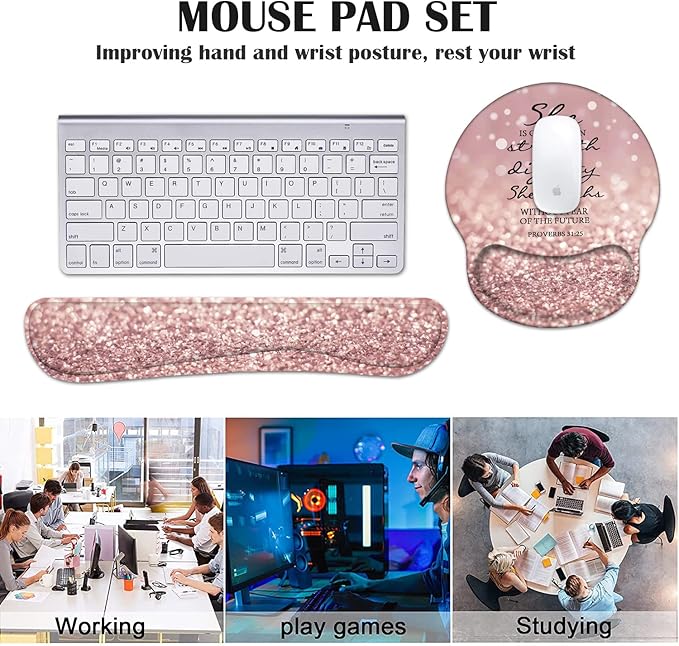 Keyboard Wrist Rest and Mouse Pad Wrist Support Set with Coasters, Bible Verse Proverbs 31:25 Wrist Mouse Pad with Non-Slip PU Base for Home Office Working Studying Easy Typing & Pain Relief