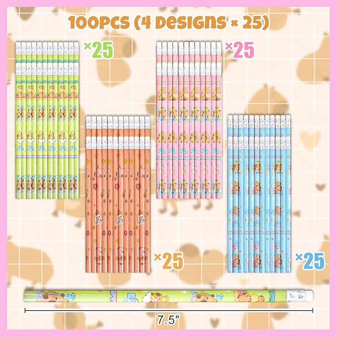 100 Pieces Capybara Block Wood Pencils Colorful Round Pencils with Top Erasers Students Birthday Goody Bag Bulk Filler for Exams School Office Sketching Learning Activities