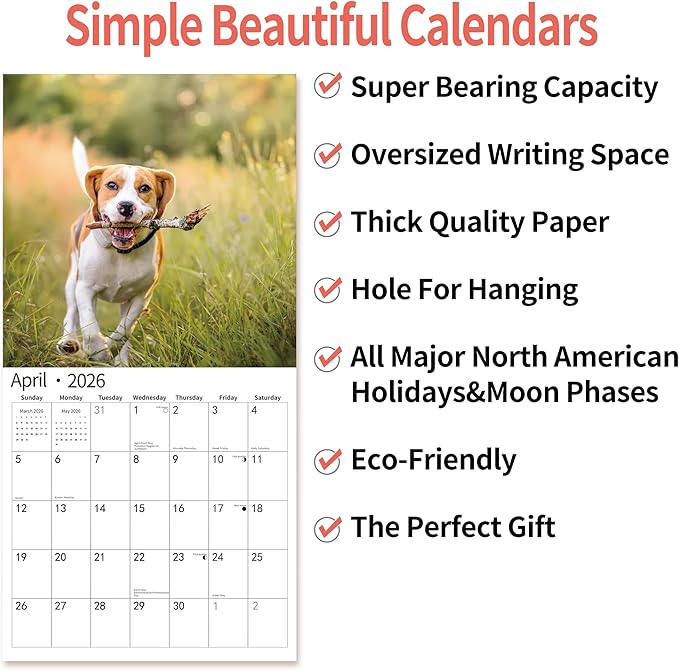 2026 Wall Calendar,Calendar 2026, November 2025 - December 2026, Wall Calendar Puppies Beagles, 12" x 24" Opened,Full Page Months Thick & Sturdy Paper for Gift Perfect Calendar Organizing & Planning