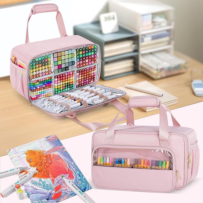 Marker Organizer Case Holding up to 216 Markers, Marker Storage Carrying Bag, Large Marker Holder with Shoulder Strap, Pink