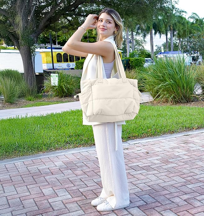 Tote Bag for Women Puffy Work Bags for Women with Zipper Lightweight Quilted Puffer Tote Bag for Travel, Teacher, Nurse